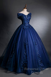 Blue Tulle Lace Long A-Line Ball Gown, Off The Shoulder Evening Party Dress